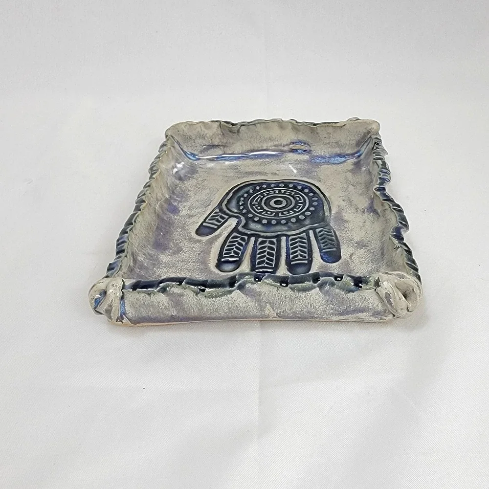 Artist Signed Healing Hand Hamsa Trinket Tray  Blue  Ceramic Pottery